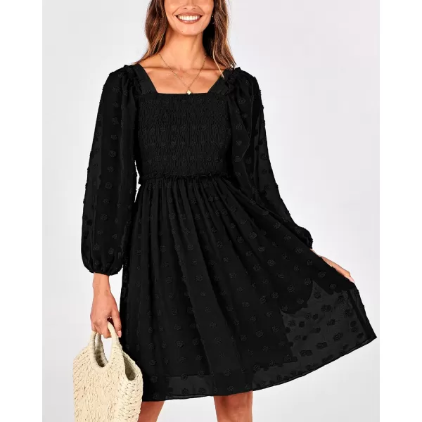 BTFBM Women Square Neck Smocked Dresses 2024 Summer Fall Long Sleeve Floral Swiss Dot Ruffle Party Mini Boho DressSwiss Dot Black