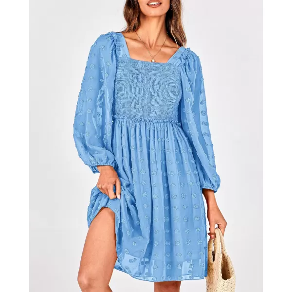BTFBM Women Square Neck Smocked Dresses 2024 Summer Fall Long Sleeve Floral Swiss Dot Ruffle Party Mini Boho DressSwiss Dot Blue