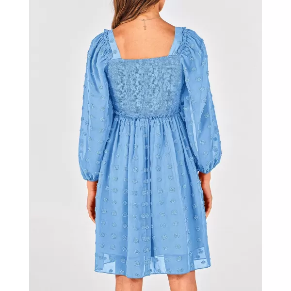 BTFBM Women Square Neck Smocked Dresses 2024 Summer Fall Long Sleeve Floral Swiss Dot Ruffle Party Mini Boho DressSwiss Dot Blue