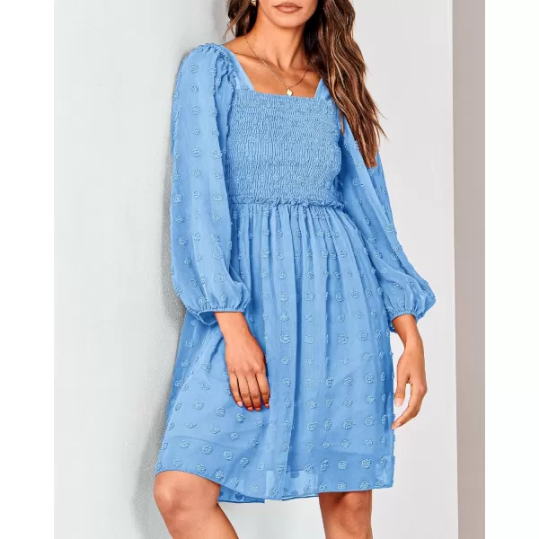 BTFBM Women Square Neck Smocked Dresses 2024 Summer Fall Long Sleeve Floral Swiss Dot Ruffle Party Mini Boho DressSwiss Dot Blue