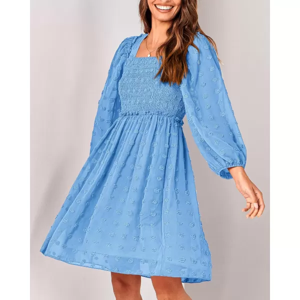 BTFBM Women Square Neck Smocked Dresses 2024 Summer Fall Long Sleeve Floral Swiss Dot Ruffle Party Mini Boho DressSwiss Dot Blue