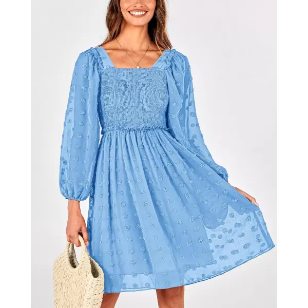 BTFBM Women Square Neck Smocked Dresses 2024 Summer Fall Long Sleeve Floral Swiss Dot Ruffle Party Mini Boho DressSwiss Dot Blue