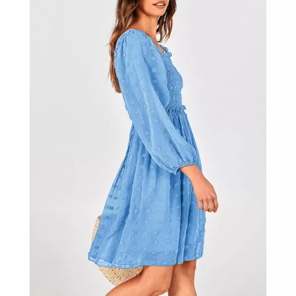 BTFBM Women Square Neck Smocked Dresses 2024 Summer Fall Long Sleeve Floral Swiss Dot Ruffle Party Mini Boho DressSwiss Dot Blue
