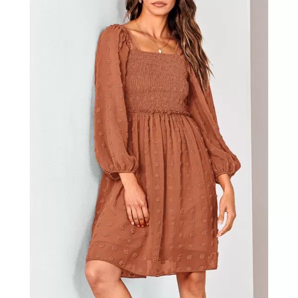 BTFBM Women Square Neck Smocked Dresses 2024 Summer Fall Long Sleeve Floral Swiss Dot Ruffle Party Mini Boho DressSwiss Dot Brown Orange