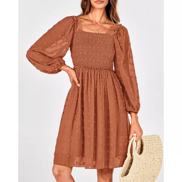 BTFBM Women Square Neck Smocked Dresses 2024 Summer Fall Long Sleeve Floral Swiss Dot Ruffle Party Mini Boho DressSwiss Dot Brown Orange