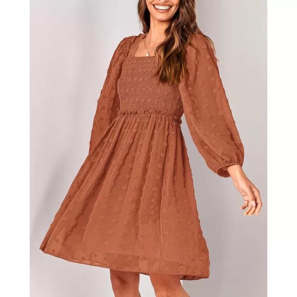 BTFBM Women Square Neck Smocked Dresses 2024 Summer Fall Long Sleeve Floral Swiss Dot Ruffle Party Mini Boho DressSwiss Dot Brown Orange