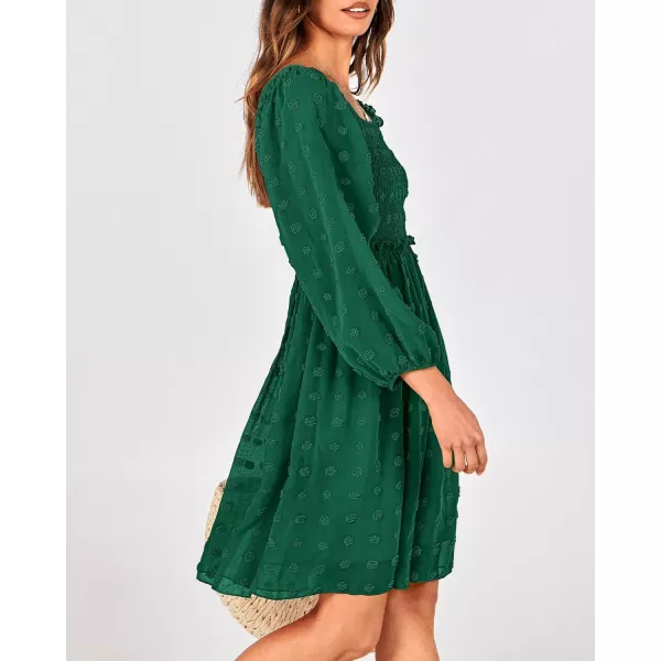 BTFBM Women Square Neck Smocked Dresses 2024 Summer Fall Long Sleeve Floral Swiss Dot Ruffle Party Mini Boho DressSwiss Dot Dark Green