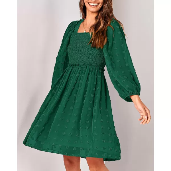 BTFBM Women Square Neck Smocked Dresses 2024 Summer Fall Long Sleeve Floral Swiss Dot Ruffle Party Mini Boho DressSwiss Dot Dark Green