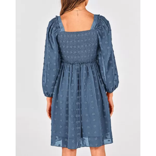 BTFBM Women Square Neck Smocked Dresses 2024 Summer Fall Long Sleeve Floral Swiss Dot Ruffle Party Mini Boho DressSwiss Dot Grey Blue