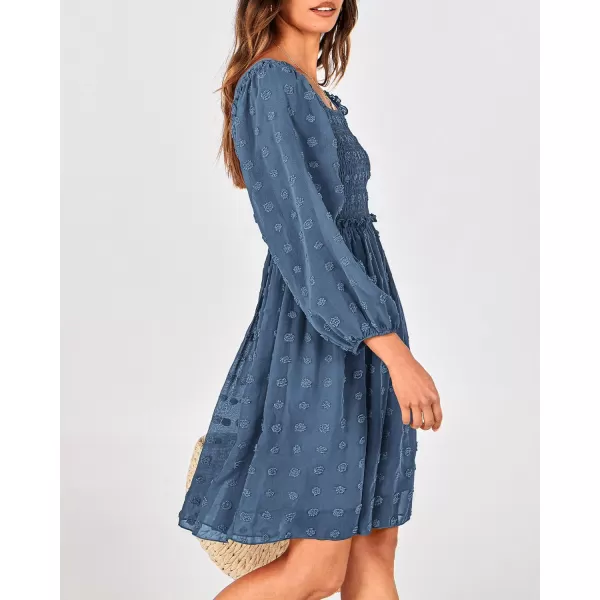 BTFBM Women Square Neck Smocked Dresses 2024 Summer Fall Long Sleeve Floral Swiss Dot Ruffle Party Mini Boho DressSwiss Dot Grey Blue