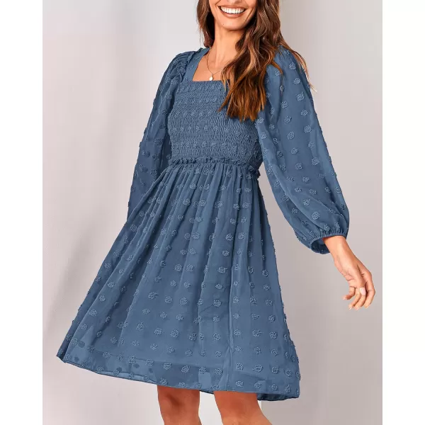 BTFBM Women Square Neck Smocked Dresses 2024 Summer Fall Long Sleeve Floral Swiss Dot Ruffle Party Mini Boho DressSwiss Dot Grey Blue