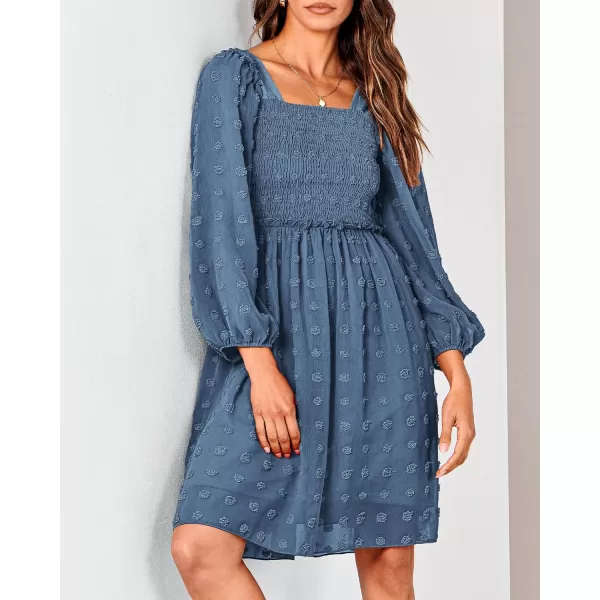 BTFBM Women Square Neck Smocked Dresses 2024 Summer Fall Long Sleeve Floral Swiss Dot Ruffle Party Mini Boho DressSwiss Dot Grey Blue