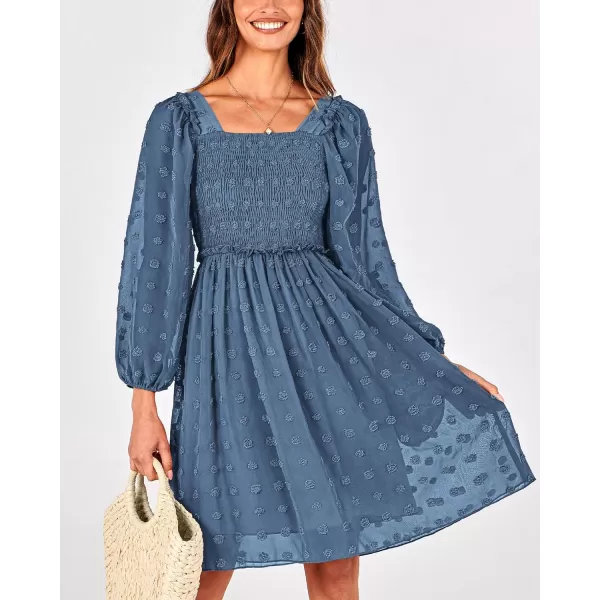 BTFBM Women Square Neck Smocked Dresses 2024 Summer Fall Long Sleeve Floral Swiss Dot Ruffle Party Mini Boho DressSwiss Dot Grey Blue