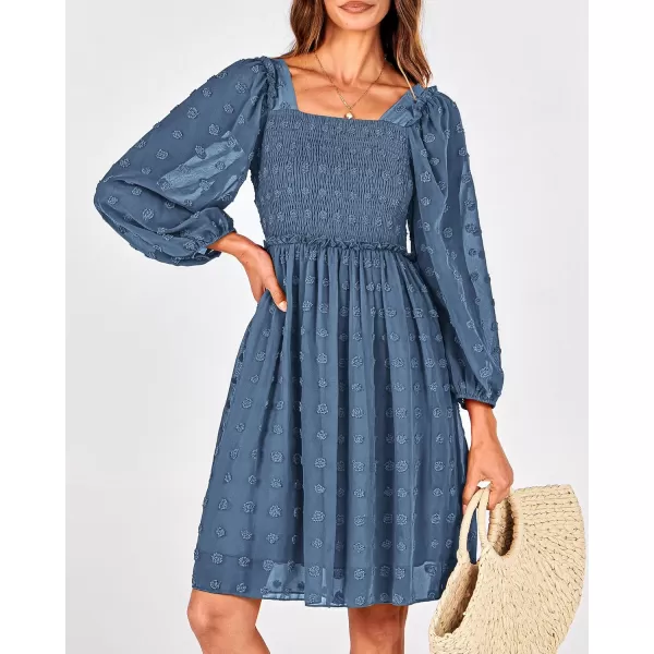 BTFBM Women Square Neck Smocked Dresses 2024 Summer Fall Long Sleeve Floral Swiss Dot Ruffle Party Mini Boho DressSwiss Dot Grey Blue