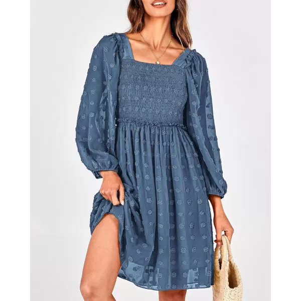 BTFBM Women Square Neck Smocked Dresses 2024 Summer Fall Long Sleeve Floral Swiss Dot Ruffle Party Mini Boho DressSwiss Dot Grey Blue