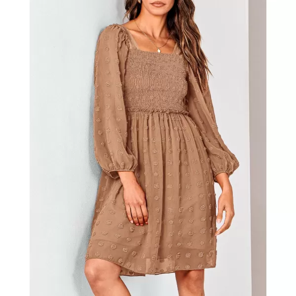 BTFBM Women Square Neck Smocked Dresses 2024 Summer Fall Long Sleeve Floral Swiss Dot Ruffle Party Mini Boho DressSwiss Dot Khaki