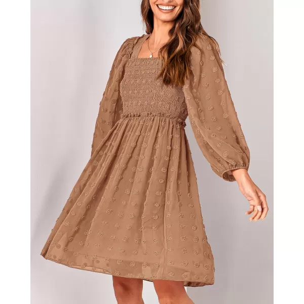 BTFBM Women Square Neck Smocked Dresses 2024 Summer Fall Long Sleeve Floral Swiss Dot Ruffle Party Mini Boho DressSwiss Dot Khaki