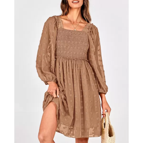 BTFBM Women Square Neck Smocked Dresses 2024 Summer Fall Long Sleeve Floral Swiss Dot Ruffle Party Mini Boho DressSwiss Dot Khaki
