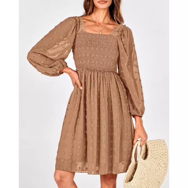 BTFBM Women Square Neck Smocked Dresses 2024 Summer Fall Long Sleeve Floral Swiss Dot Ruffle Party Mini Boho DressSwiss Dot Khaki