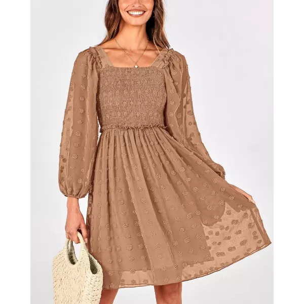 BTFBM Women Square Neck Smocked Dresses 2024 Summer Fall Long Sleeve Floral Swiss Dot Ruffle Party Mini Boho DressSwiss Dot Khaki