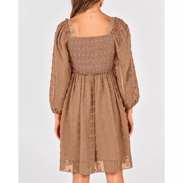 BTFBM Women Square Neck Smocked Dresses 2024 Summer Fall Long Sleeve Floral Swiss Dot Ruffle Party Mini Boho DressSwiss Dot Khaki