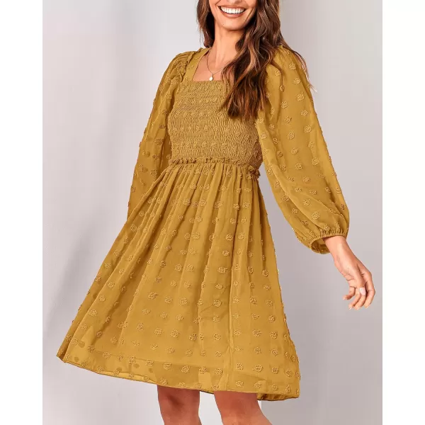 BTFBM Women Square Neck Smocked Dresses 2024 Summer Fall Long Sleeve Floral Swiss Dot Ruffle Party Mini Boho DressSwiss Dot Mustard Yellow