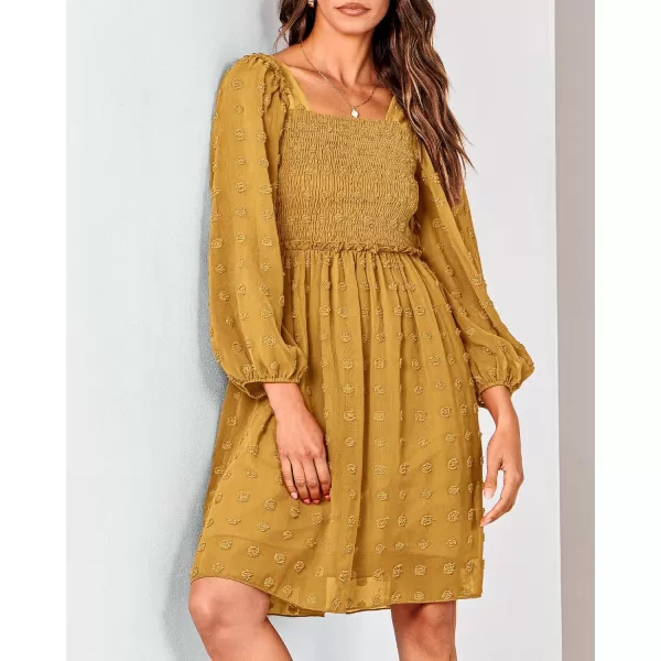 BTFBM Women Square Neck Smocked Dresses 2024 Summer Fall Long Sleeve Floral Swiss Dot Ruffle Party Mini Boho DressSwiss Dot Mustard Yellow