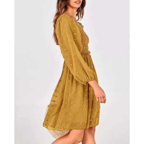 BTFBM Women Square Neck Smocked Dresses 2024 Summer Fall Long Sleeve Floral Swiss Dot Ruffle Party Mini Boho DressSwiss Dot Mustard Yellow