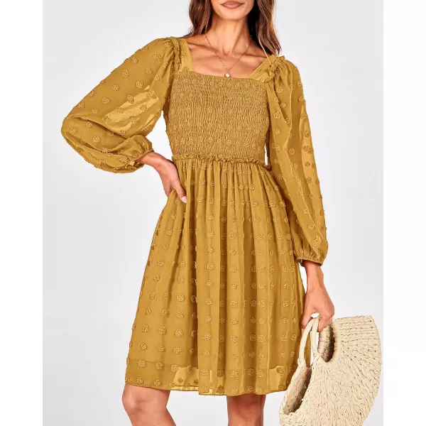 BTFBM Women Square Neck Smocked Dresses 2024 Summer Fall Long Sleeve Floral Swiss Dot Ruffle Party Mini Boho DressSwiss Dot Mustard Yellow