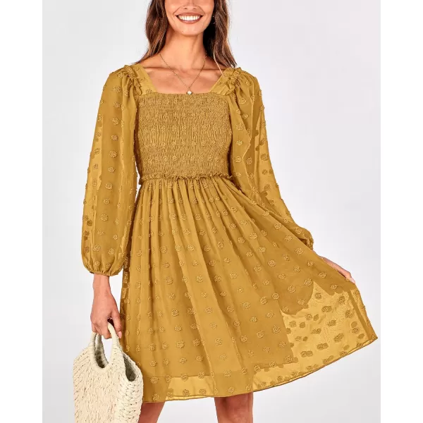 BTFBM Women Square Neck Smocked Dresses 2024 Summer Fall Long Sleeve Floral Swiss Dot Ruffle Party Mini Boho DressSwiss Dot Mustard Yellow