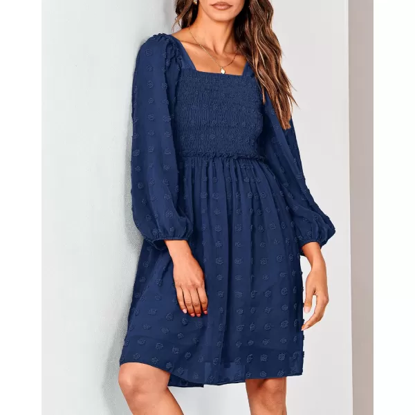 BTFBM Women Square Neck Smocked Dresses 2024 Summer Fall Long Sleeve Floral Swiss Dot Ruffle Party Mini Boho DressSwiss Dot Navy