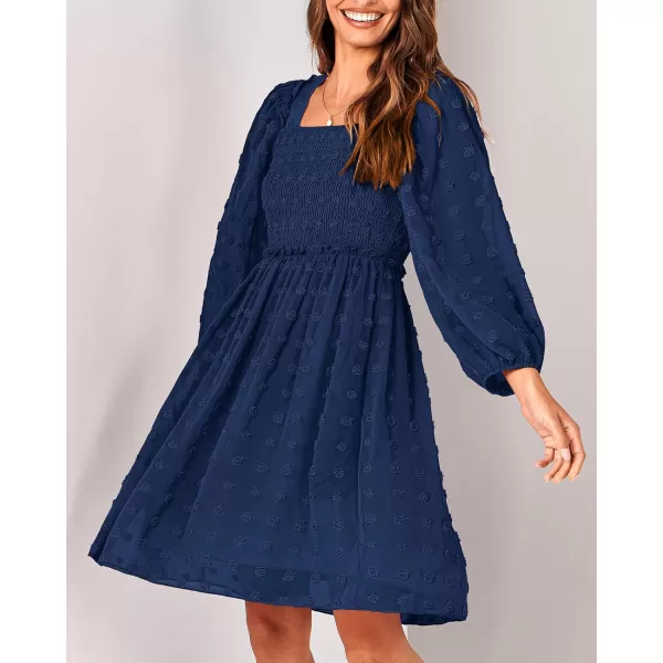BTFBM Women Square Neck Smocked Dresses 2024 Summer Fall Long Sleeve Floral Swiss Dot Ruffle Party Mini Boho DressSwiss Dot Navy