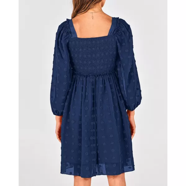 BTFBM Women Square Neck Smocked Dresses 2024 Summer Fall Long Sleeve Floral Swiss Dot Ruffle Party Mini Boho DressSwiss Dot Navy