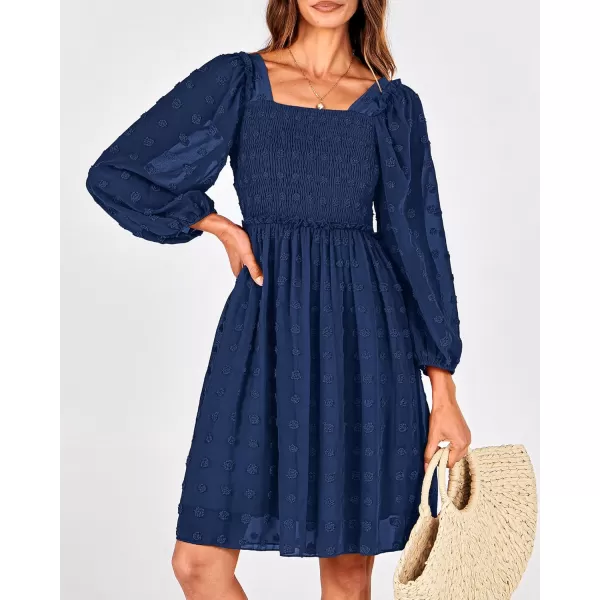 BTFBM Women Square Neck Smocked Dresses 2024 Summer Fall Long Sleeve Floral Swiss Dot Ruffle Party Mini Boho DressSwiss Dot Navy