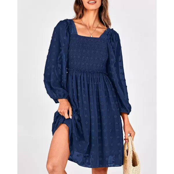 BTFBM Women Square Neck Smocked Dresses 2024 Summer Fall Long Sleeve Floral Swiss Dot Ruffle Party Mini Boho DressSwiss Dot Navy