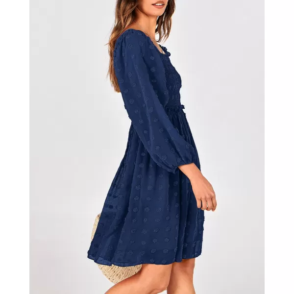 BTFBM Women Square Neck Smocked Dresses 2024 Summer Fall Long Sleeve Floral Swiss Dot Ruffle Party Mini Boho DressSwiss Dot Navy