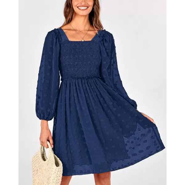 BTFBM Women Square Neck Smocked Dresses 2024 Summer Fall Long Sleeve Floral Swiss Dot Ruffle Party Mini Boho DressSwiss Dot Navy