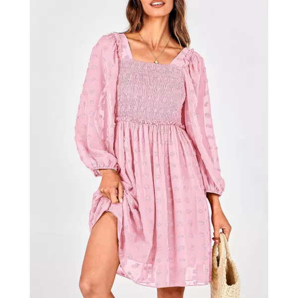 BTFBM Women Square Neck Smocked Dresses 2024 Summer Fall Long Sleeve Floral Swiss Dot Ruffle Party Mini Boho DressSwiss Dot Pink
