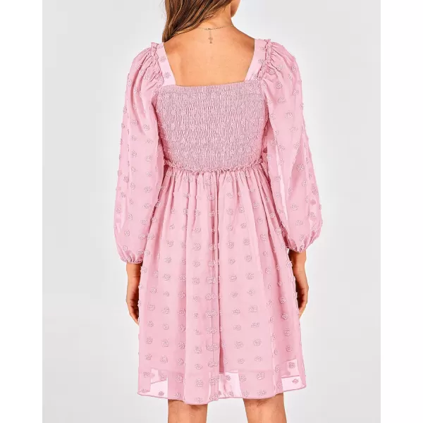 BTFBM Women Square Neck Smocked Dresses 2024 Summer Fall Long Sleeve Floral Swiss Dot Ruffle Party Mini Boho DressSwiss Dot Pink