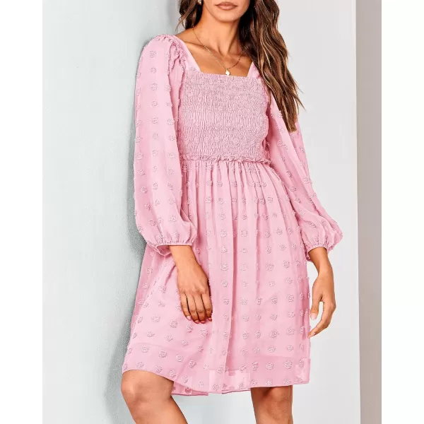 BTFBM Women Square Neck Smocked Dresses 2024 Summer Fall Long Sleeve Floral Swiss Dot Ruffle Party Mini Boho DressSwiss Dot Pink