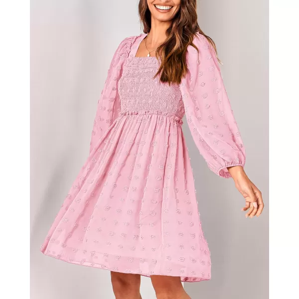 BTFBM Women Square Neck Smocked Dresses 2024 Summer Fall Long Sleeve Floral Swiss Dot Ruffle Party Mini Boho DressSwiss Dot Pink