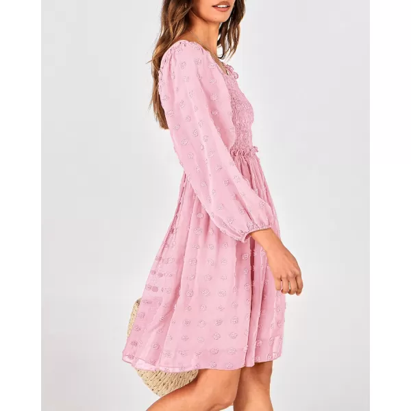 BTFBM Women Square Neck Smocked Dresses 2024 Summer Fall Long Sleeve Floral Swiss Dot Ruffle Party Mini Boho DressSwiss Dot Pink
