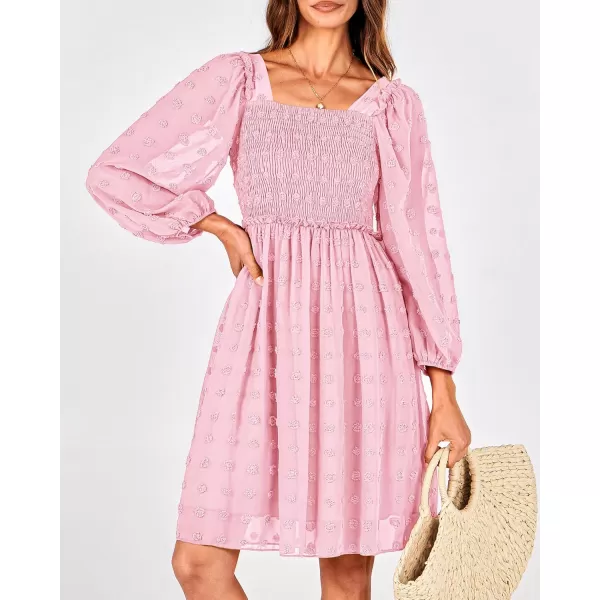 BTFBM Women Square Neck Smocked Dresses 2024 Summer Fall Long Sleeve Floral Swiss Dot Ruffle Party Mini Boho DressSwiss Dot Pink