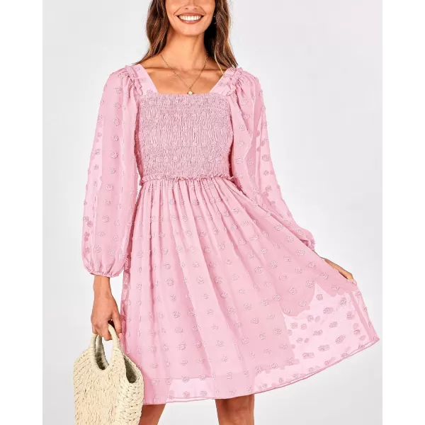 BTFBM Women Square Neck Smocked Dresses 2024 Summer Fall Long Sleeve Floral Swiss Dot Ruffle Party Mini Boho DressSwiss Dot Pink