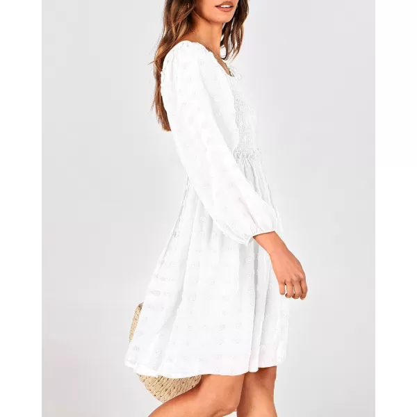 BTFBM Women Square Neck Smocked Dresses 2024 Summer Fall Long Sleeve Floral Swiss Dot Ruffle Party Mini Boho DressSwiss Dot White