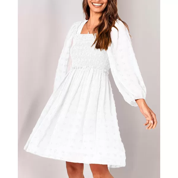 BTFBM Women Square Neck Smocked Dresses 2024 Summer Fall Long Sleeve Floral Swiss Dot Ruffle Party Mini Boho DressSwiss Dot White