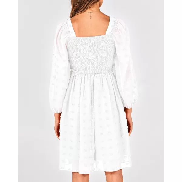 BTFBM Women Square Neck Smocked Dresses 2024 Summer Fall Long Sleeve Floral Swiss Dot Ruffle Party Mini Boho DressSwiss Dot White