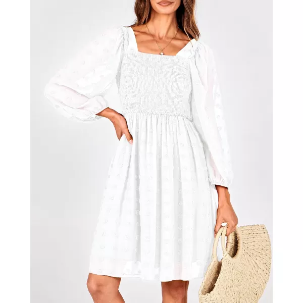 BTFBM Women Square Neck Smocked Dresses 2024 Summer Fall Long Sleeve Floral Swiss Dot Ruffle Party Mini Boho DressSwiss Dot White