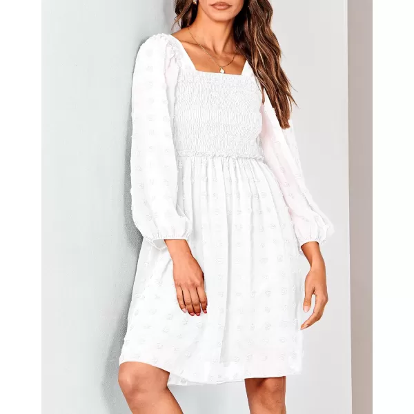 BTFBM Women Square Neck Smocked Dresses 2024 Summer Fall Long Sleeve Floral Swiss Dot Ruffle Party Mini Boho DressSwiss Dot White