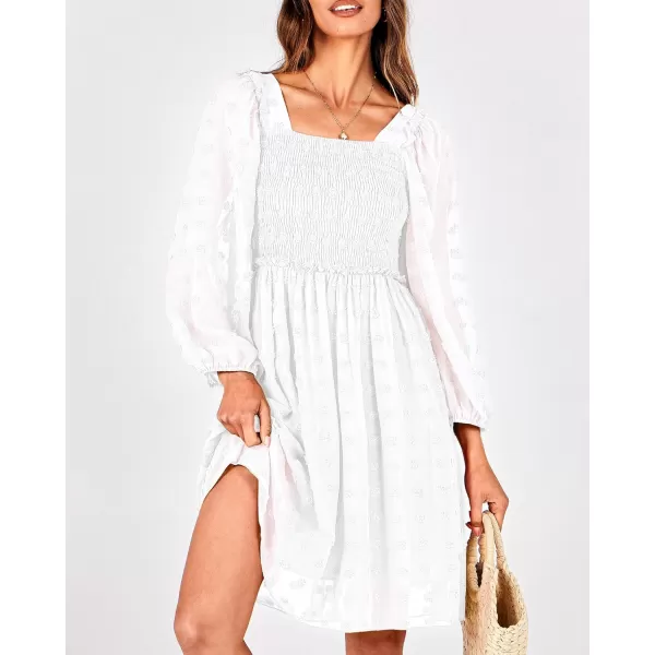 BTFBM Women Square Neck Smocked Dresses 2024 Summer Fall Long Sleeve Floral Swiss Dot Ruffle Party Mini Boho DressSwiss Dot White